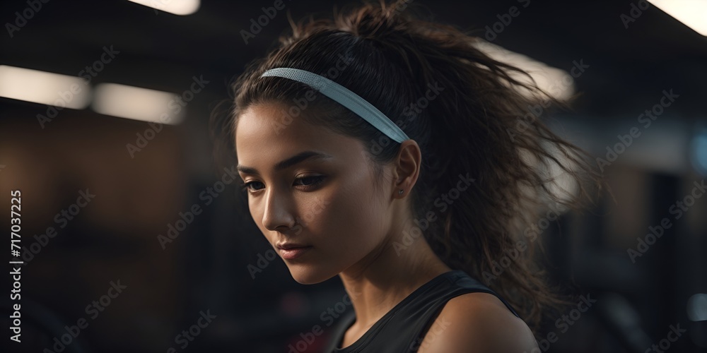 A woman exudes determination and focus as she strides confidently on a treadmill, bathed in warm cinematic lighting. Sweat glistens on her skin, a testament to her effort. A woman exudes determination and focus as she strides confidently on a treadmill, bathed in warm cinematic lighting. Sweat glistens on her skin, a testament to her effort.