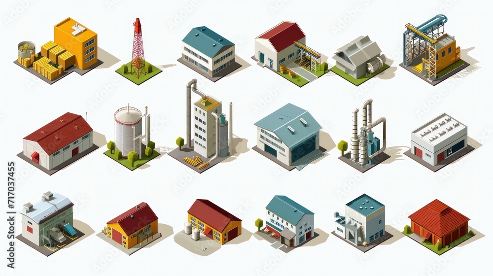 Vector isometric buildings icon set. Factories, plants, warehouse, conveyor and other industrial facilities