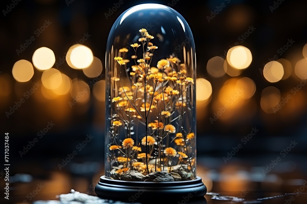 Small yellow flowers  inside a glass flask on dark blue background. Concepts: beauty industry, perfumery, cosmetology, spa, alternative medicine, interior design