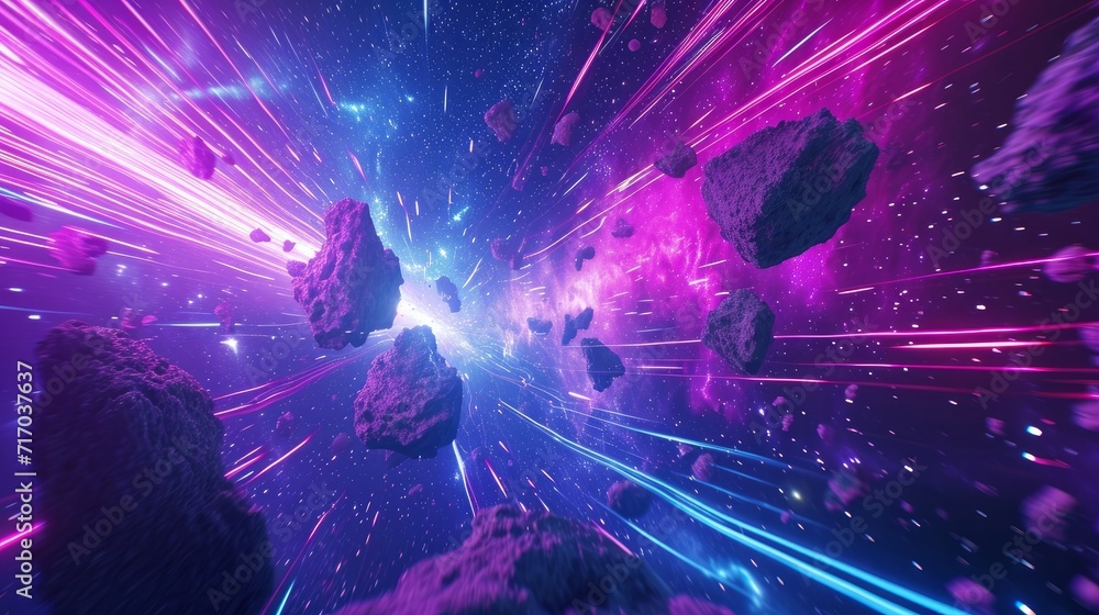 Virtual Reality space world in a block, cube effect. Video Game retro asteroid field. purple, pink and blue lights racing along a digital landscape. 3D render