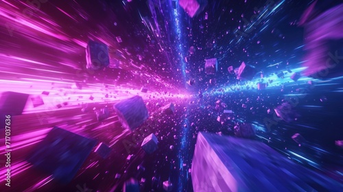 Virtual Reality space world in a block, cube effect. Video Game retro asteroid field. purple, pink and blue lights racing along a digital landscape. 3D render © Orxan