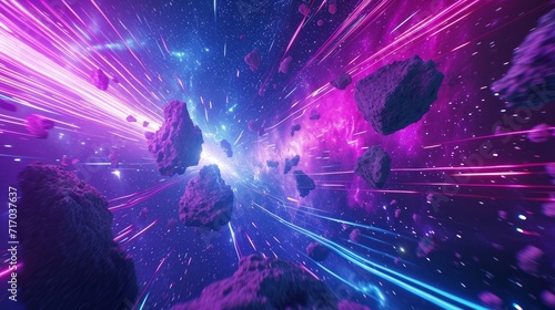 Virtual Reality space world in a block, cube effect. Video Game retro asteroid field. purple, pink and blue lights racing along a digital landscape. 3D render photo