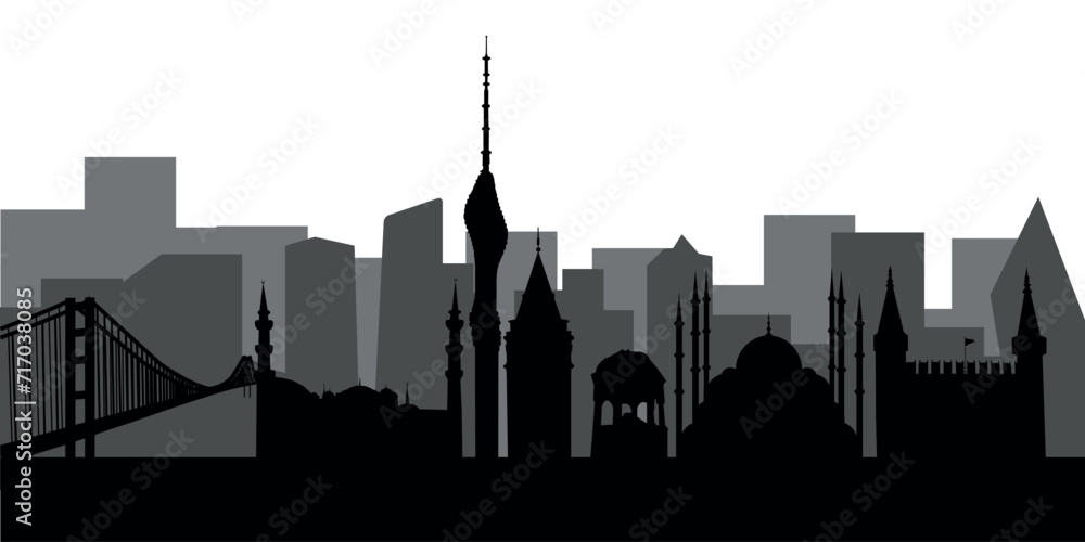 Obraz premium Istanbul, Turkiye skyline, silhouette. This illustration represents the country with its most notable buildings. Vector is fully editable, every object is holistic and movable