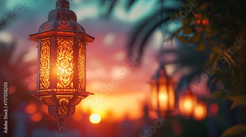 Lantern Light at Sunset with Warm Glow and Traditional Ambiance