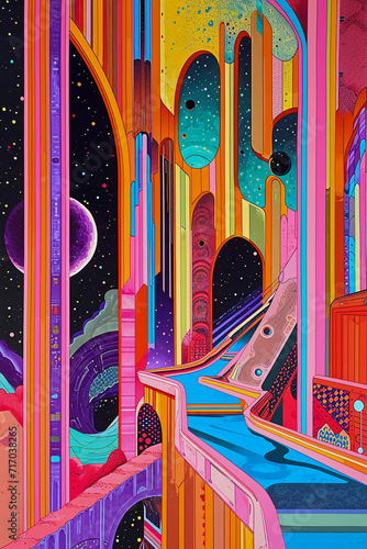 Cosmic space station, abstract vibrant colors illustartion, Generative AI