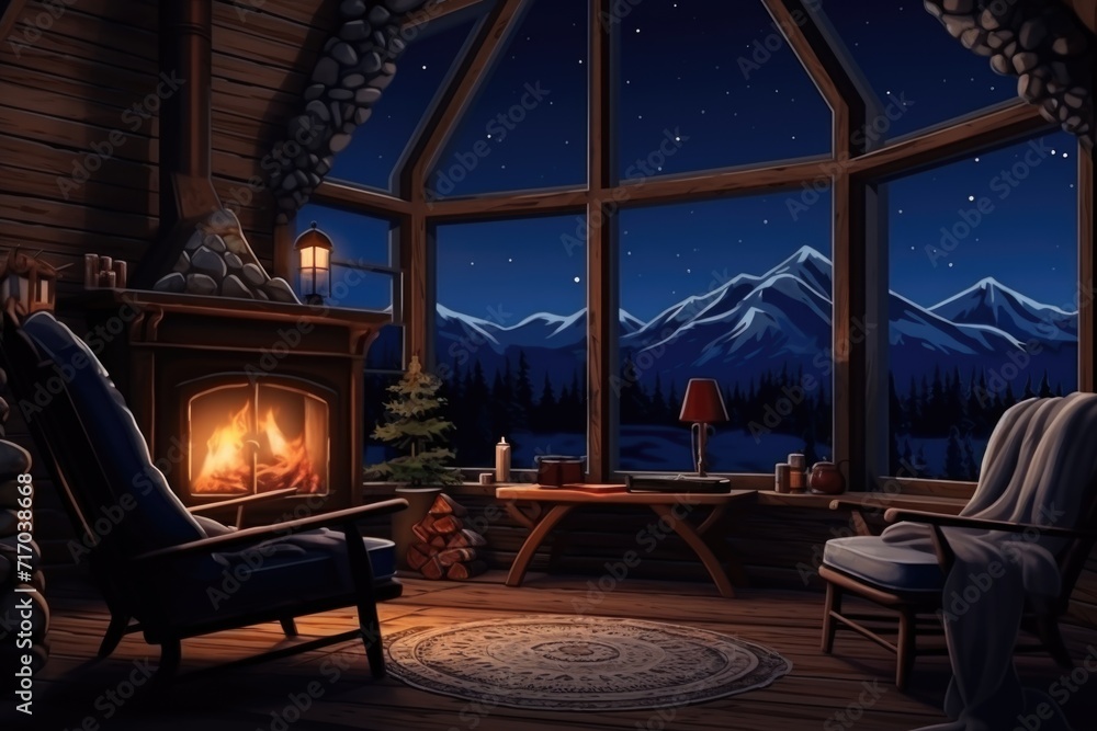 Cozy living room in the mountains at night.