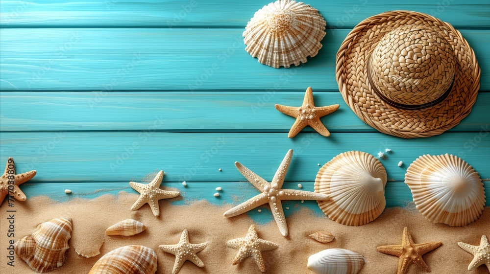 Summer vacation concept with seashells and straw hat on sandy beach