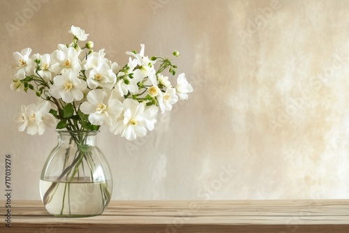 A simple bouquet of white flowers in a clear glass vase on a plain wooden table