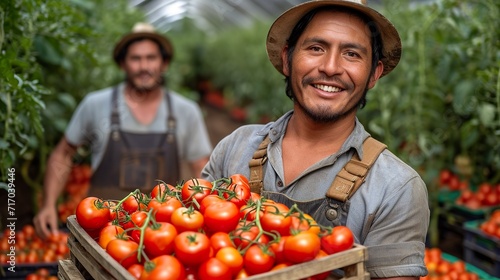 Portrait of confident male farmer with crate full with juicy tomatoes.