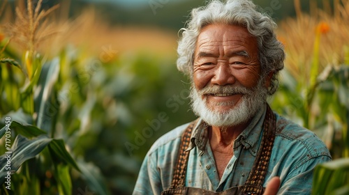 Old senior farmer Asian man is standing in a field