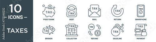 Fotografia taxes outline icon set includes thin line piggy bank, debt, mail, return, smarph