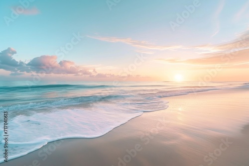 A soft-focus image of a tranquil beach at sunrise, symbolizing peace and mental clarity