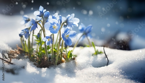 first signs of spring, delicate flowers emerging from beneath the snow