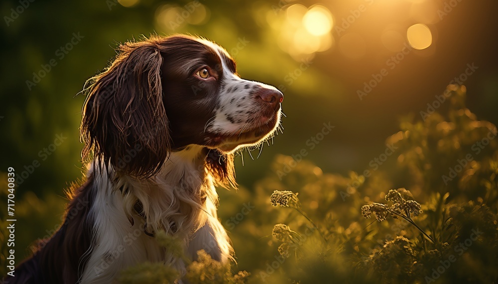 spaniel sits in the tall grass in the setting sun and listens to the sounds of nature