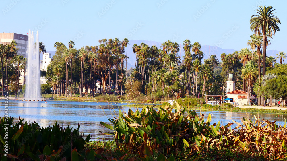 Los Angeles, California: Echo Park Lake, lake and urban park in the Echo Park neighborhood of Los Angeles
