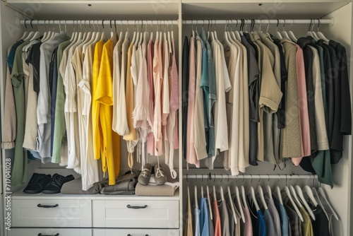 A sparse and stylish wardrobe with a limited color palette, focusing on the concept of a capsule wardrobe
