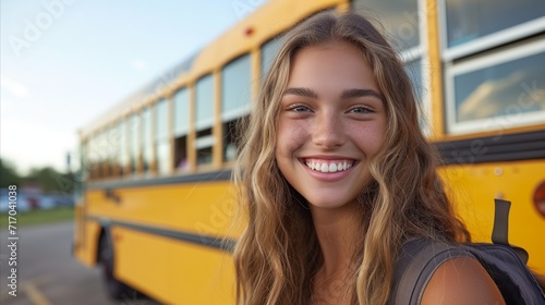 Happy teenage girl with backpack smiling in front of school bus