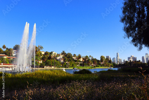 Los Angeles, California: Echo Park Lake, lake and urban park in the Echo Park neighborhood of Los Angeles
