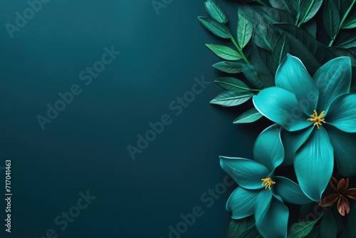 Tropical leaves and flowers on turquoise background. Copy space for product presentation photo