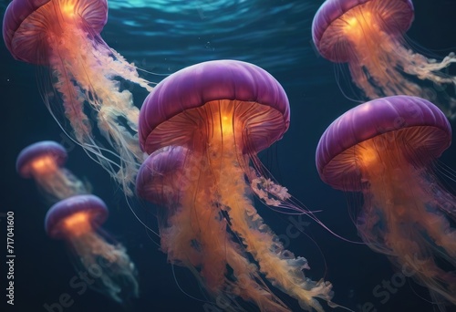 Glowing jellyfishdansing in the dark blue ocean water. Neon underwater