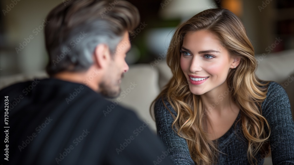 Engaging conversation between man and woman in cozy setting Engaging conversation between man and woman in cozy setting