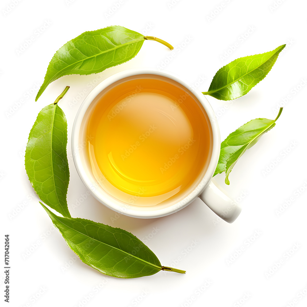 Cup of green tea with leaves isolated on white background Cup of green tea with leaves isolated on white background