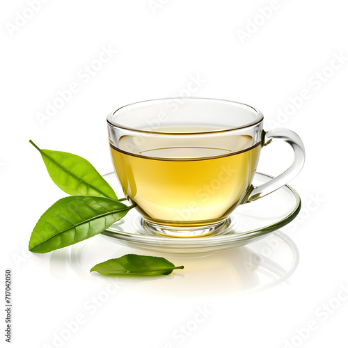 Cup of green tea with leaves isolated on white background