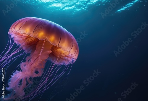 Glowing jellyfishdansing in the dark blue ocean water. Neon underwater © bellart