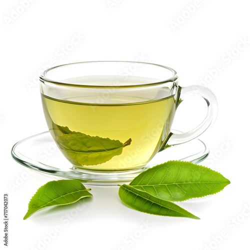 Cup of green tea with leaves isolated on white background