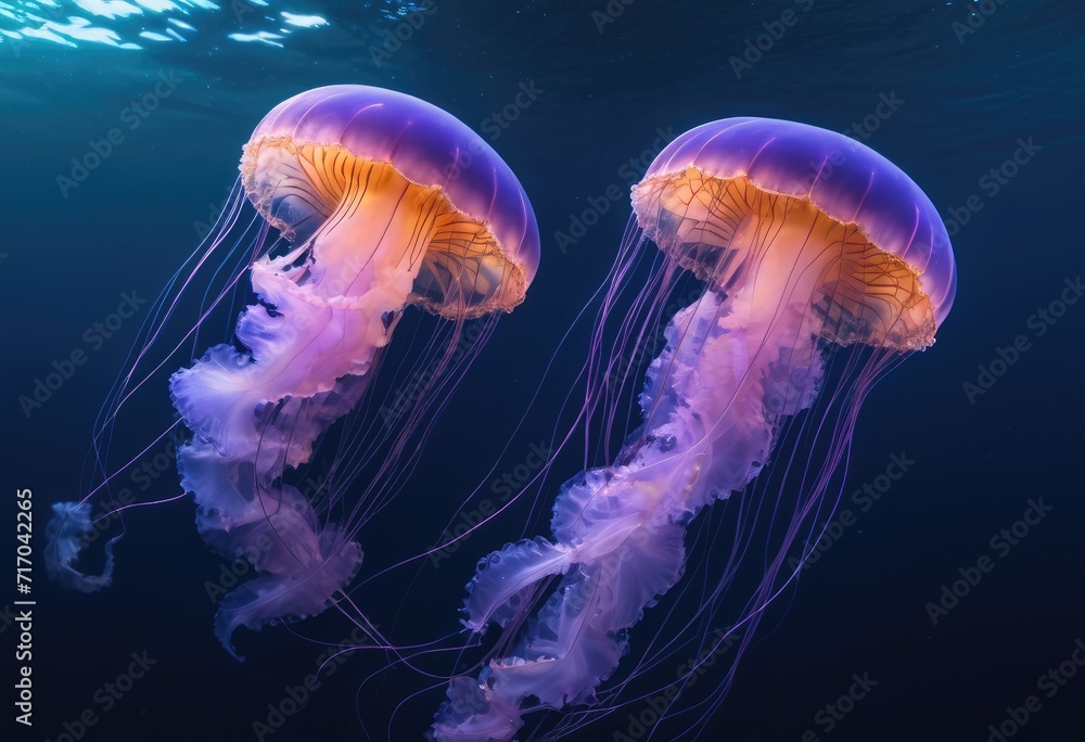 Glowing jellyfishdansing in the dark blue ocean water. Neon underwater Glowing jellyfishdansing in the dark blue ocean water. Neon underwater