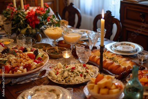 A traditional St. Joseph's Day table set with Italian cuisine, religious symbols, and family gathering