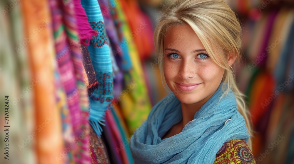Smiling young woman shopping for colorful textiles at a market