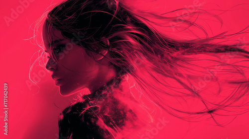 Red Silhouette of a Woman in the Wind