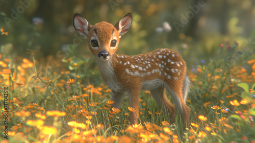 A delicate fawn in a vibrant field of flowers.