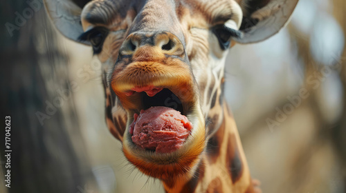 A giraffe sticks out its tongue in a playful expression. © sahar