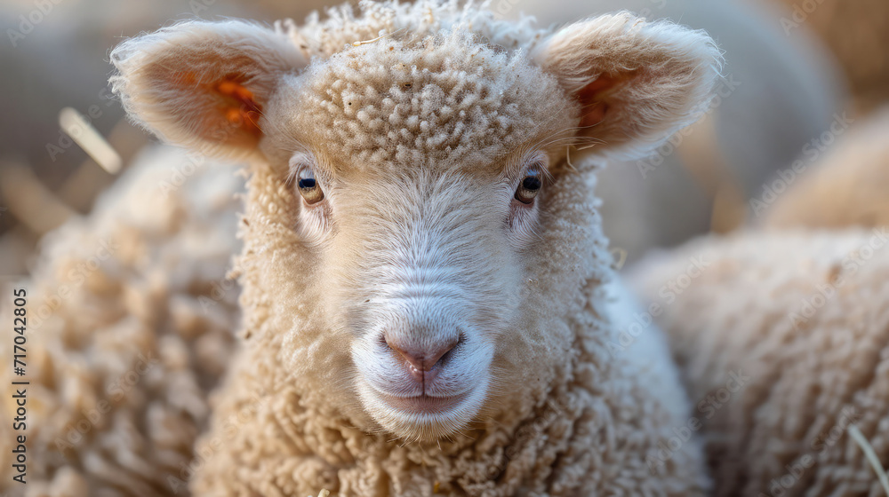 Obraz premium A close-up of a lamb with a soft expression in a flock.