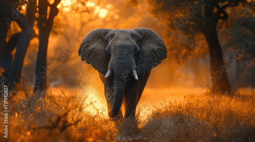 Elephant Walking at Sunset