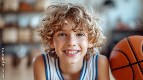 Happy young boy in basketball gear with ball, smiling cheerfully © OKAN