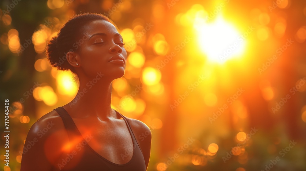 Serene woman enjoying sunset with eyes closed in nature Serene woman enjoying sunset with eyes closed in nature
