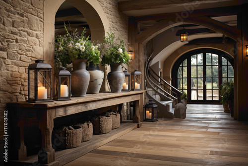 The stone-tiled floor complements the design  creating a timeless and inviting space with a hint of rustic elegance.