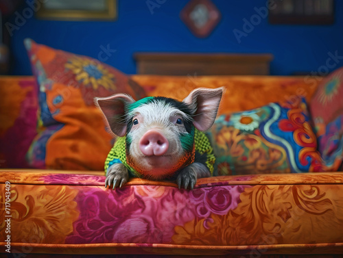 A pig dog on the sofa , ai generated. photo