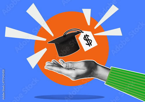 Concept of financial literacy and education. Human hand and graduation cap with dollar sign. Collage.