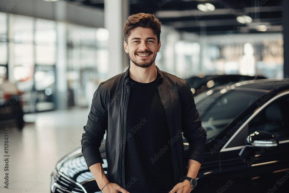 Confident and friendly car dealership owner standing in showroom