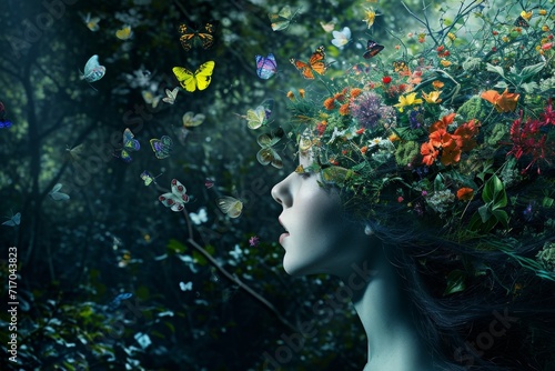 A woman's portrait with her hair made of live flowers and butterflies, set against a dark, enchanted forest background