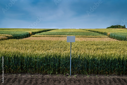 sectors of cereals with signposts on plowed land