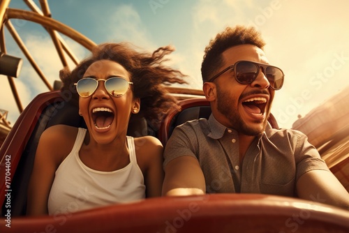 Thrilled couple enjoying a rollercoaster ride under a sunny sky. © Daniel Jędzura