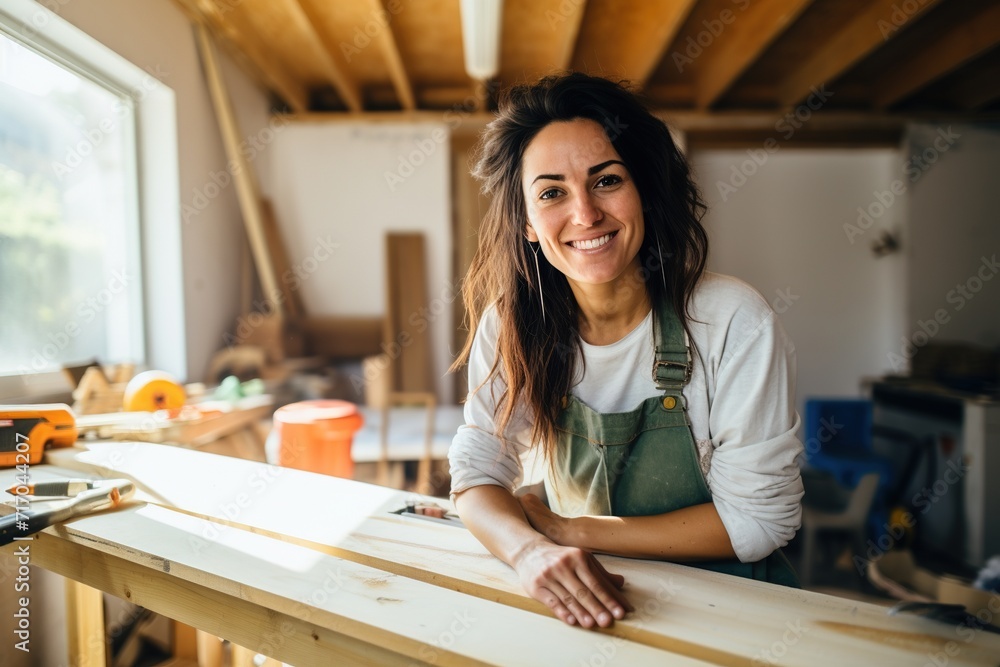 Confident DIY woman smiling in her workshop Confident DIY woman smiling in her workshop