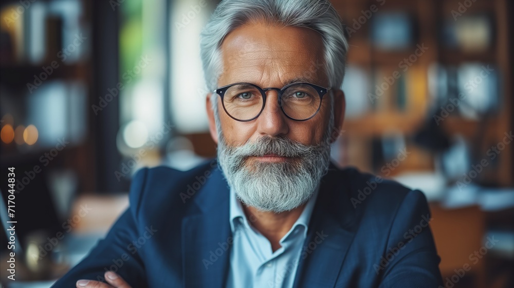 Confident senior businessman in office with stylish beard and glasses Confident senior businessman in office with stylish beard and glasses
