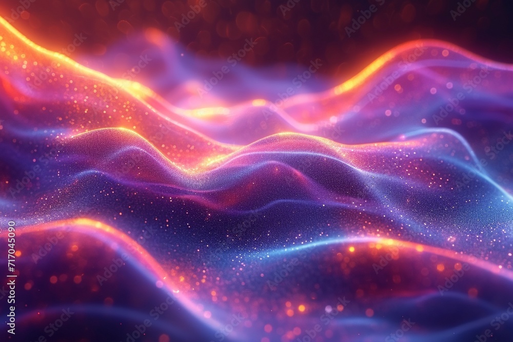 Vibrant, iridescent neon wave in fluid 3D motion, against a colorful abstract backdrop. Holographic HD effect. Vibrant, iridescent neon wave in fluid 3D motion, against a colorful abstract backdrop. Holographic HD effect.