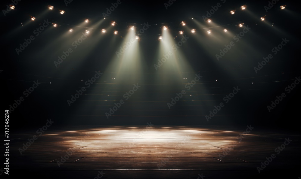 Illuminated Empty Stage with Dramatic Spotlights. Simple Empty Stage with Spotlight Beams Background